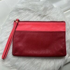 Fossil RED PINK leather zip wristlet pouch